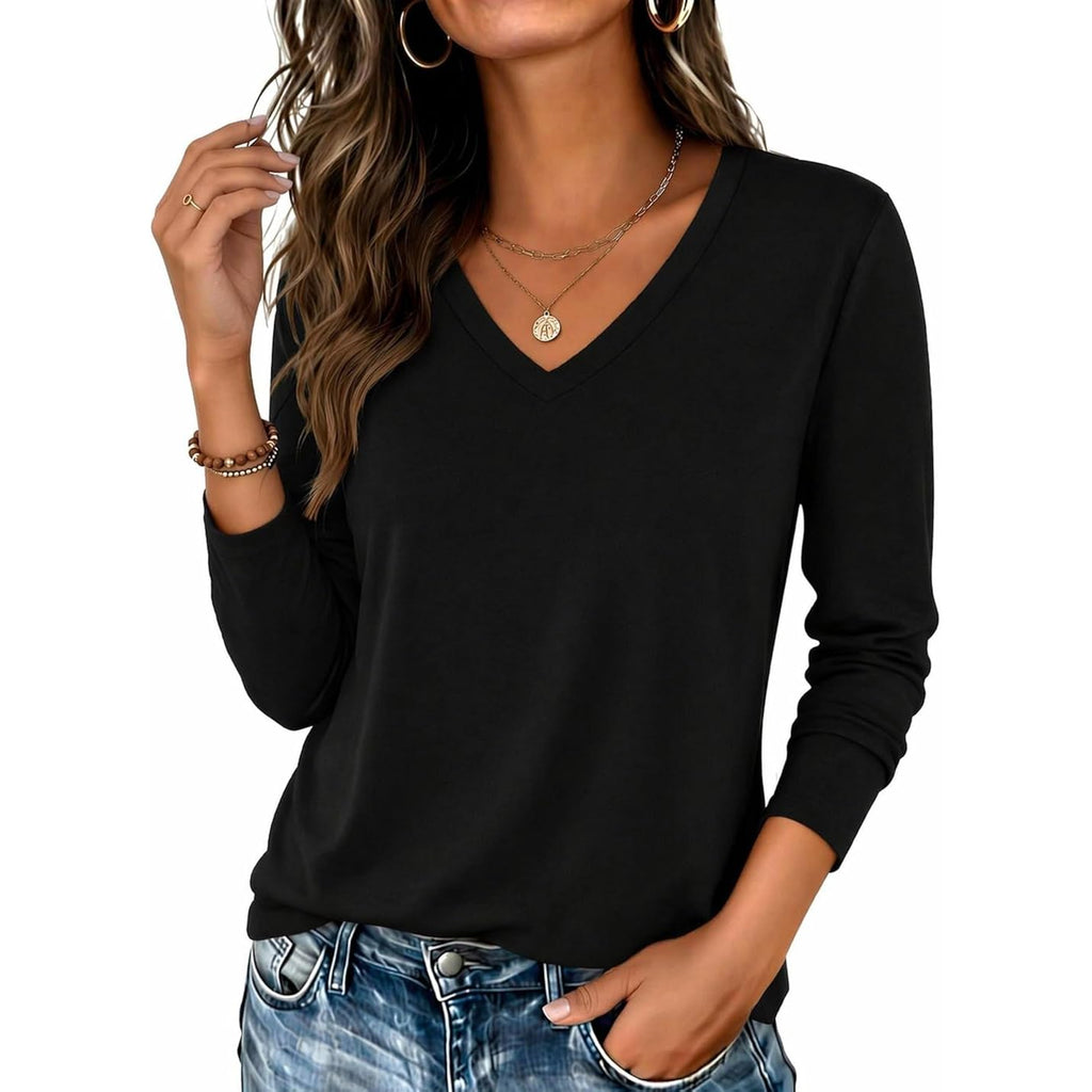 Zeagoo Womens Long Sleeve Shirts V Neck Basic Tee Tops Dressy Casual Business Work Blouses Fall Outfits S-3Xl