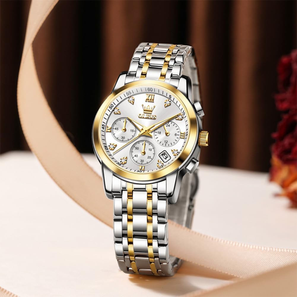 Olevs Women Watch Multifunctional Two Tone Watch Fashion Business Analog Quartz Ladies Watch Stainless Steel Waterproof Diamond Watch For Women
