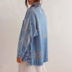 Women'S Vintage Oversized Denim Jacket Embroidered Graphic Casual Loose Fit Button Down Jean Jacket