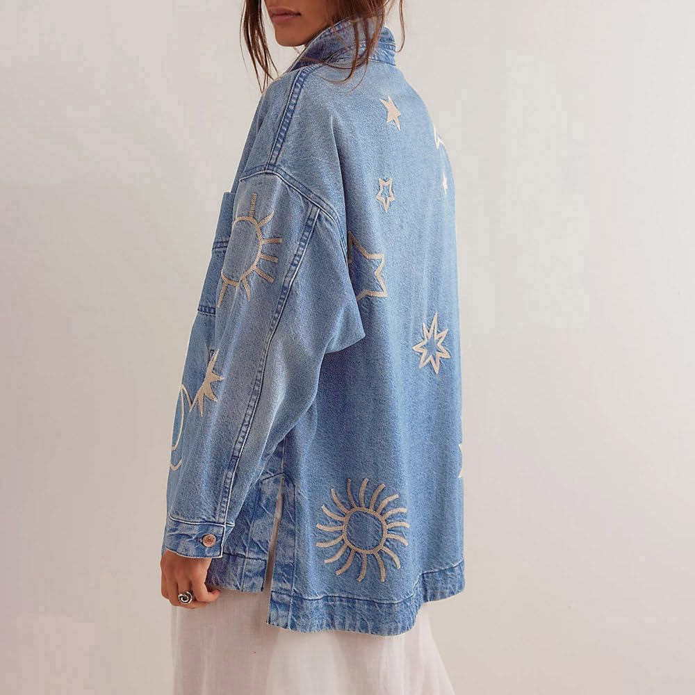 Women'S Vintage Oversized Denim Jacket Embroidered Graphic Casual Loose Fit Button Down Jean Jacket