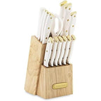 Farberware 15-Piece Knife Block Set, Triple-Riveted High-Carbon Stainless Steel Kitchen Knives, Razor Sharp Blades, Wood Storage Block, White/Gold
