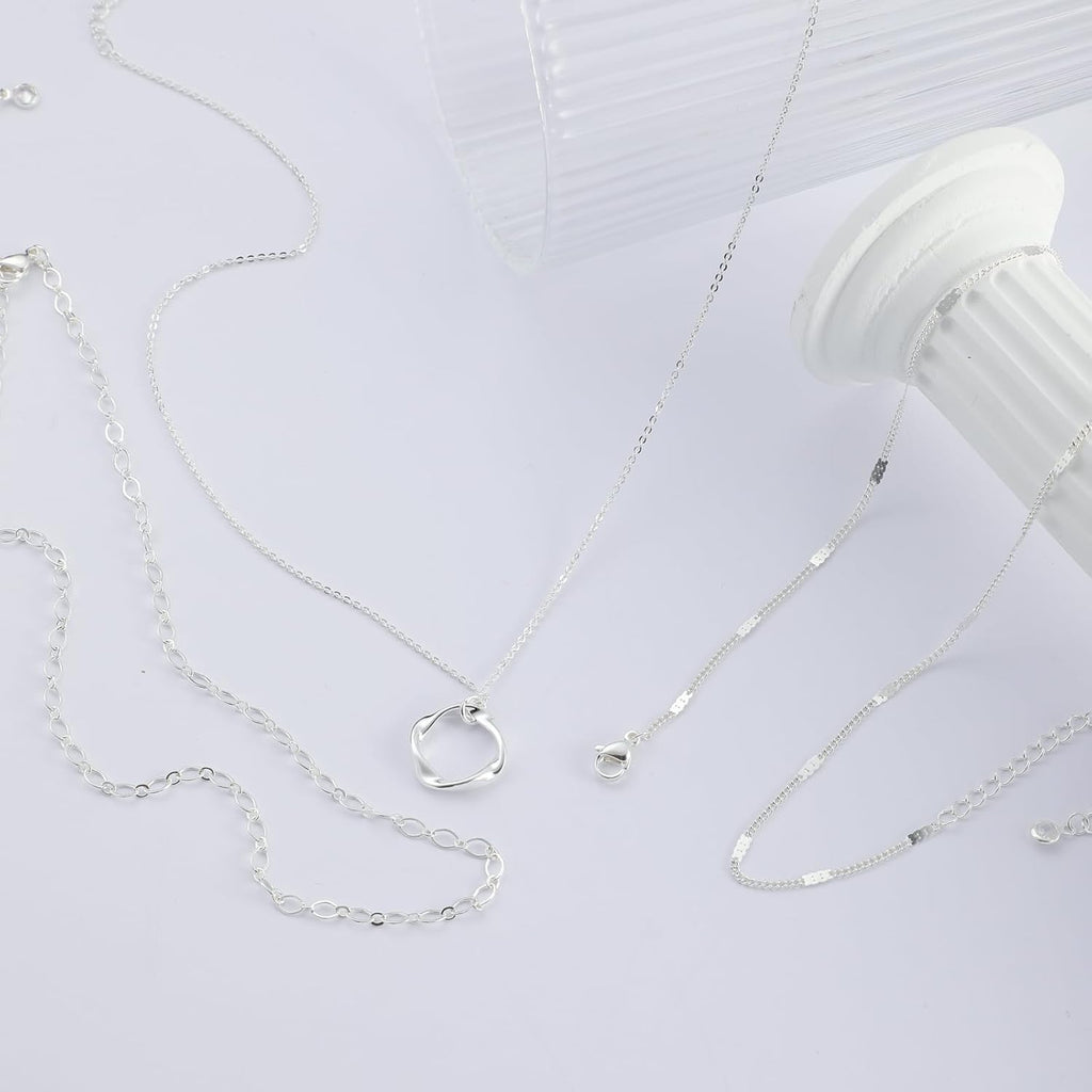 Cuzmly Layered Silver Necklaces for Women, Sterling Silver Stackable Stack Choker Necklaces for Women Trendy Layering Circle Pendant Chain Necklace Set Jewelry for Women
