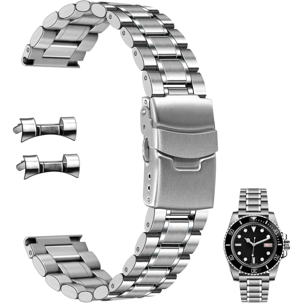 Juntan 20Mm 22Mm Stainless Steel Watch Band Curved End Straight End For Men Women Metal Watch Bands Strap Quick Release Replacement Bracelet With Double Folding Buckle Silver
