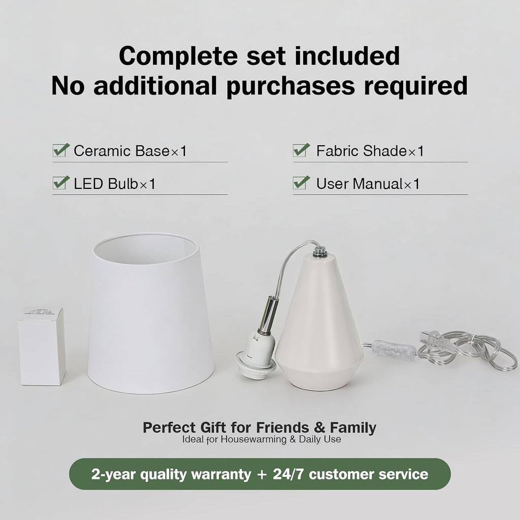 Small Bedside Table Lamp For Bedroom - Reading Desk Lamp With 3 Color Temperatures，15.5" Nightstand Ceramic Lamp With Fabric Shade For Kids Room,Living Room,Dorm,Home Office (White)