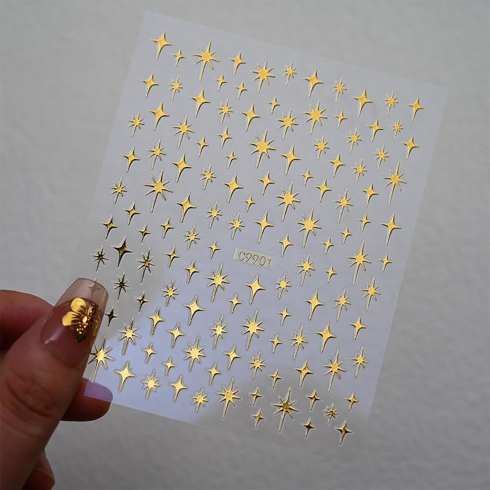 12 Sheets Gold Star Nail Art Stickers 3D Self Adhesive Flower Heart Letter Number Nail Decals Gold Metal Star Nail Art Supplies Manicure Decorations for Women Acrylic Nails DIY Accessories