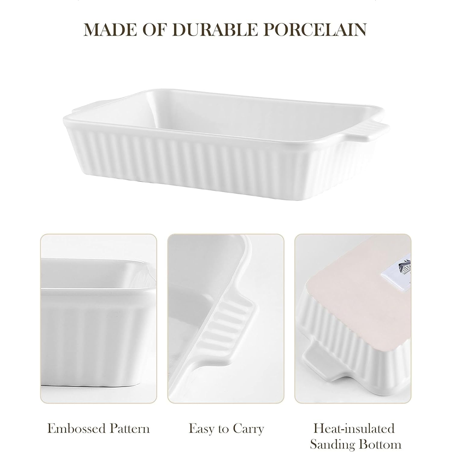 MALACASA Casserole Dishes for Oven, Porcelain Baking Dishes, Ceramic Bakeware Sets of 4, Rectangular Lasagna Pans Deep with Handles for Baking Cake Kitchen, White (9.4"/11.1"/12.2"/14.7"), Series