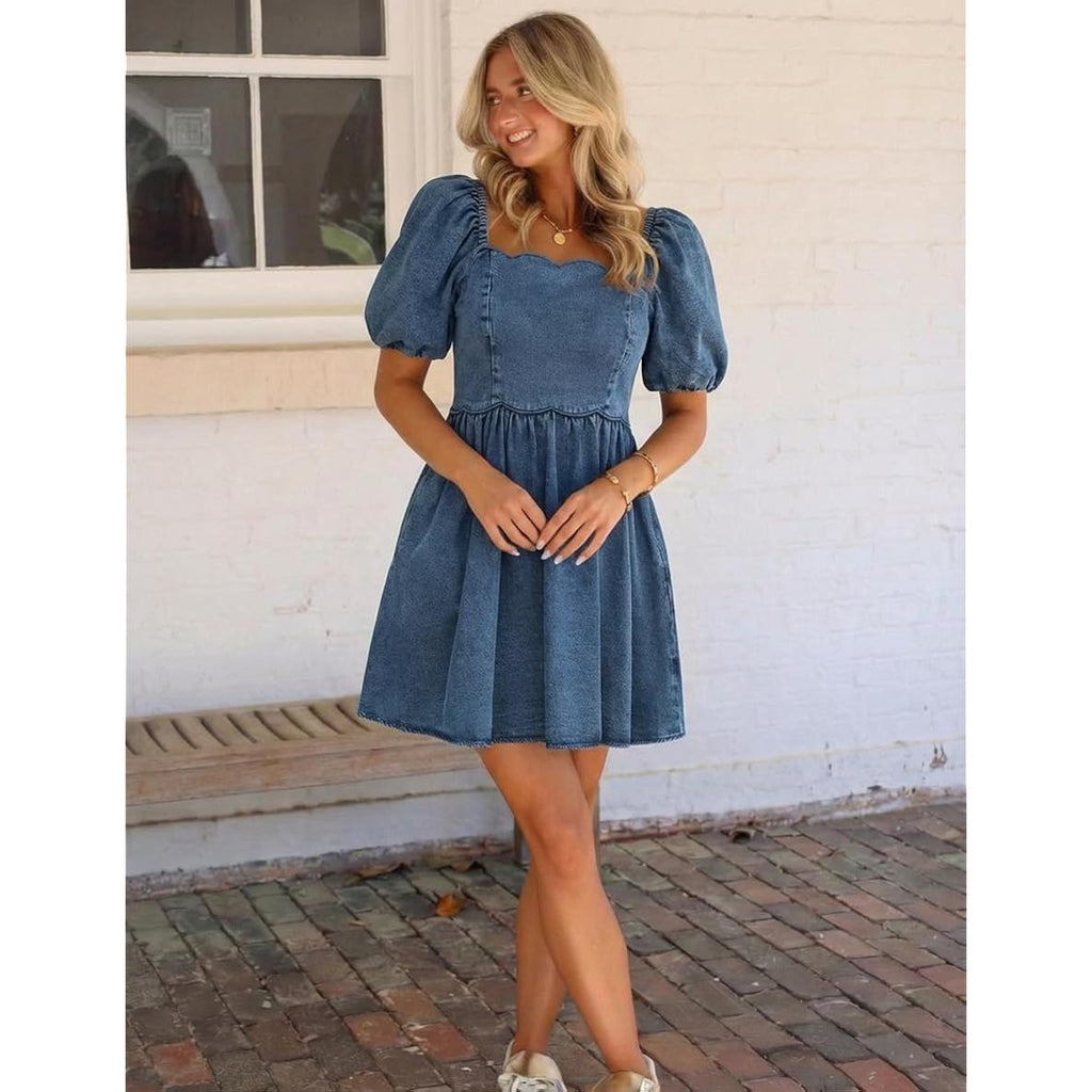 Denim Dress Babydoll Jean Square Neck Puff Sleeve Casual Country Concert Dresses With Pockets For Women 2026