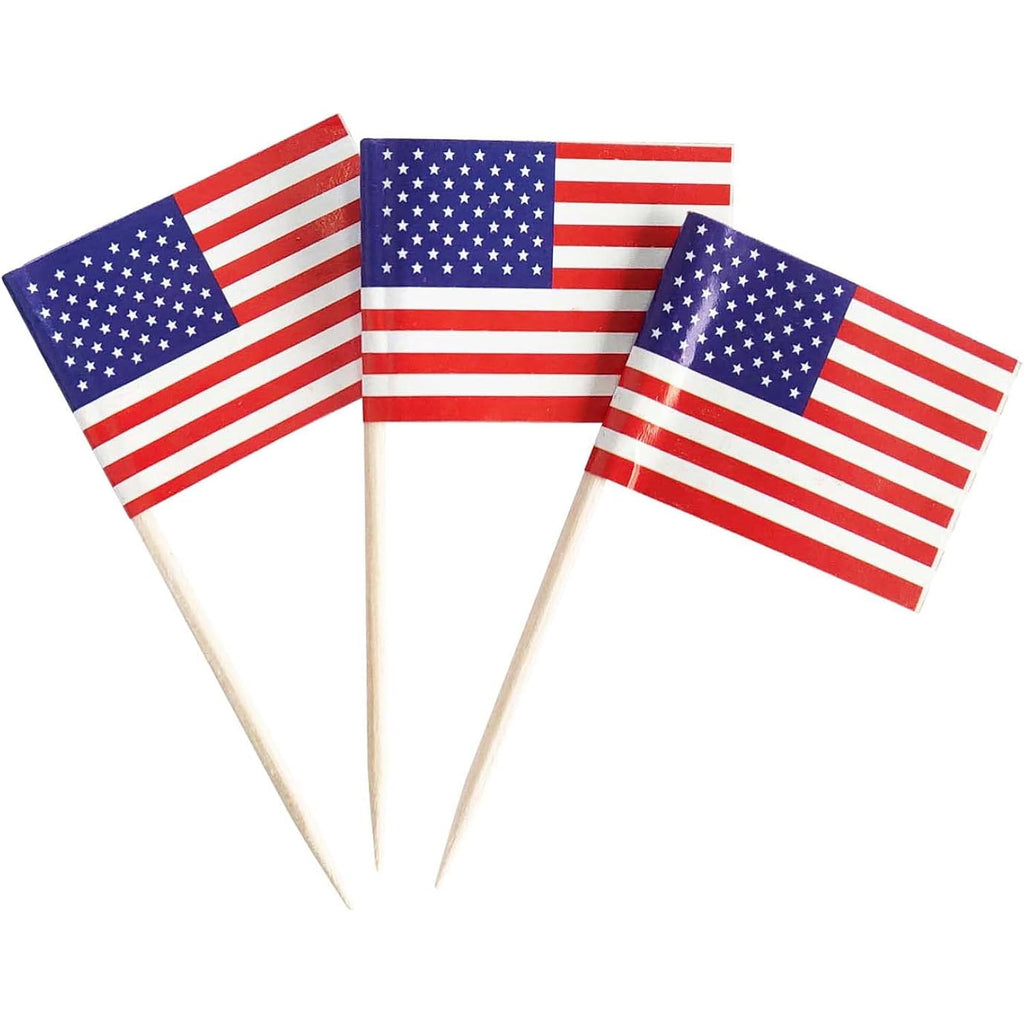 100 Pack USA American Flag US Toothpick Flags, Cocktail Picks Mini Stick Cupcake Toppers Country Picks Party Decoration Celebration Cocktail Food Bar Cake Flags (American)