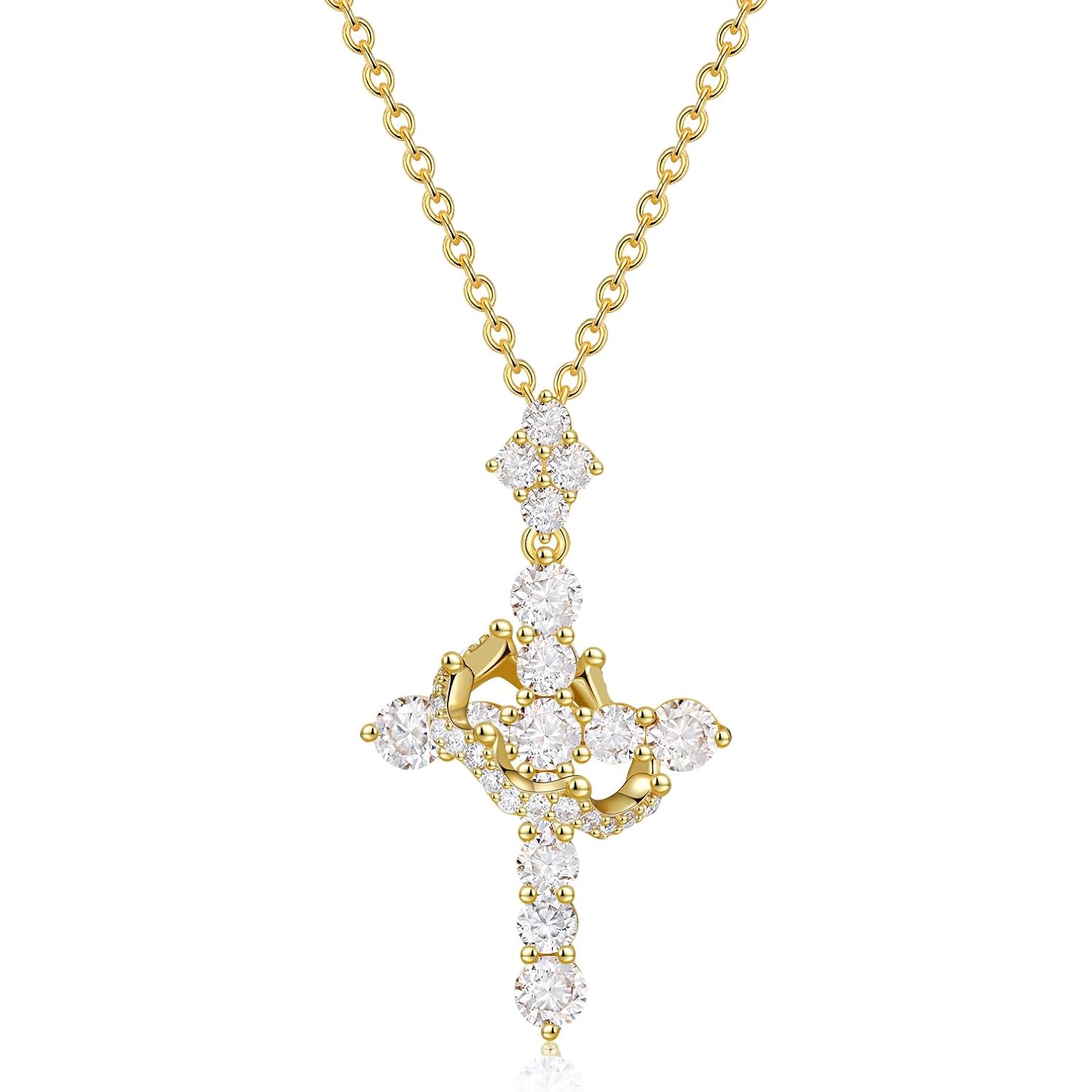 YIMERAIRE Upgraded Moissanite Crown Cross Necklace 14K Gold Vermeil 1.1 Carats Dainty Iced Out Easter Basket Stuffer Cross Jewelry S925 Sterling Silver Simple Gold Christian Faith Moissanite Cross Pendant Necklace For Women