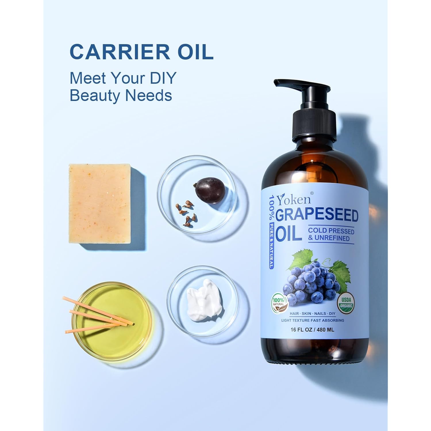 Yoken Organic Grapeseed Oil 16 Oz Glass Bottle - Usda 100% Pure & Natural Cold Pressed Grape Seed Carrier Oil For Skin & Hair - Single Ingredient, Hexane Free, Light & Silky Body Moisturizer