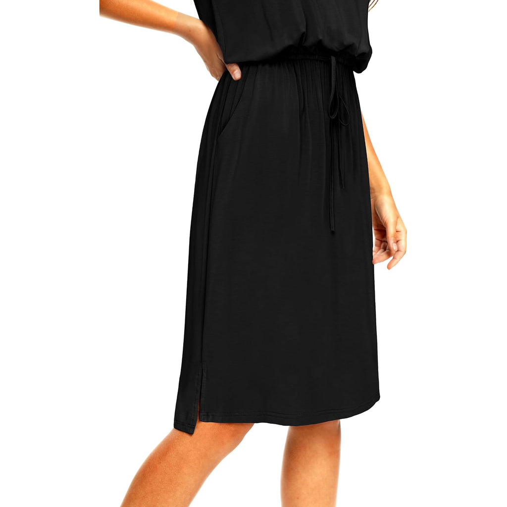 Simier Fariry Womens Summer Hide Belly Knee Length Travel Dress Pocket Short Sleeve Midi Work Casual Outfits