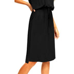 Simier Fariry Womens Summer Hide Belly Knee Length Travel Dress Pocket Short Sleeve Midi Work Casual Outfits