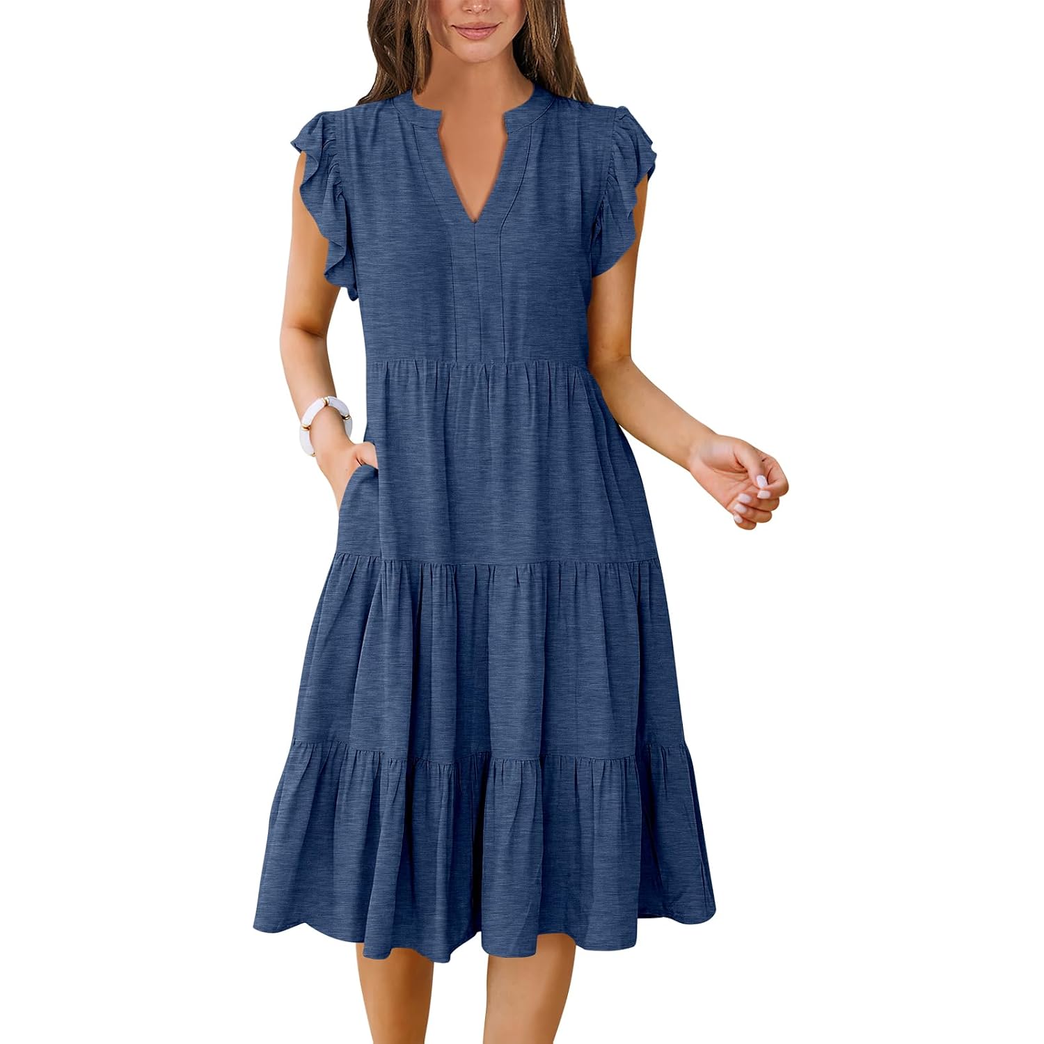 Anrabess Womens Summer Dress Ruffle Sleeve V Neck Midi Dresses Fashion Casual Fit Flowy Tiered Boho Beach Vacation Sundress