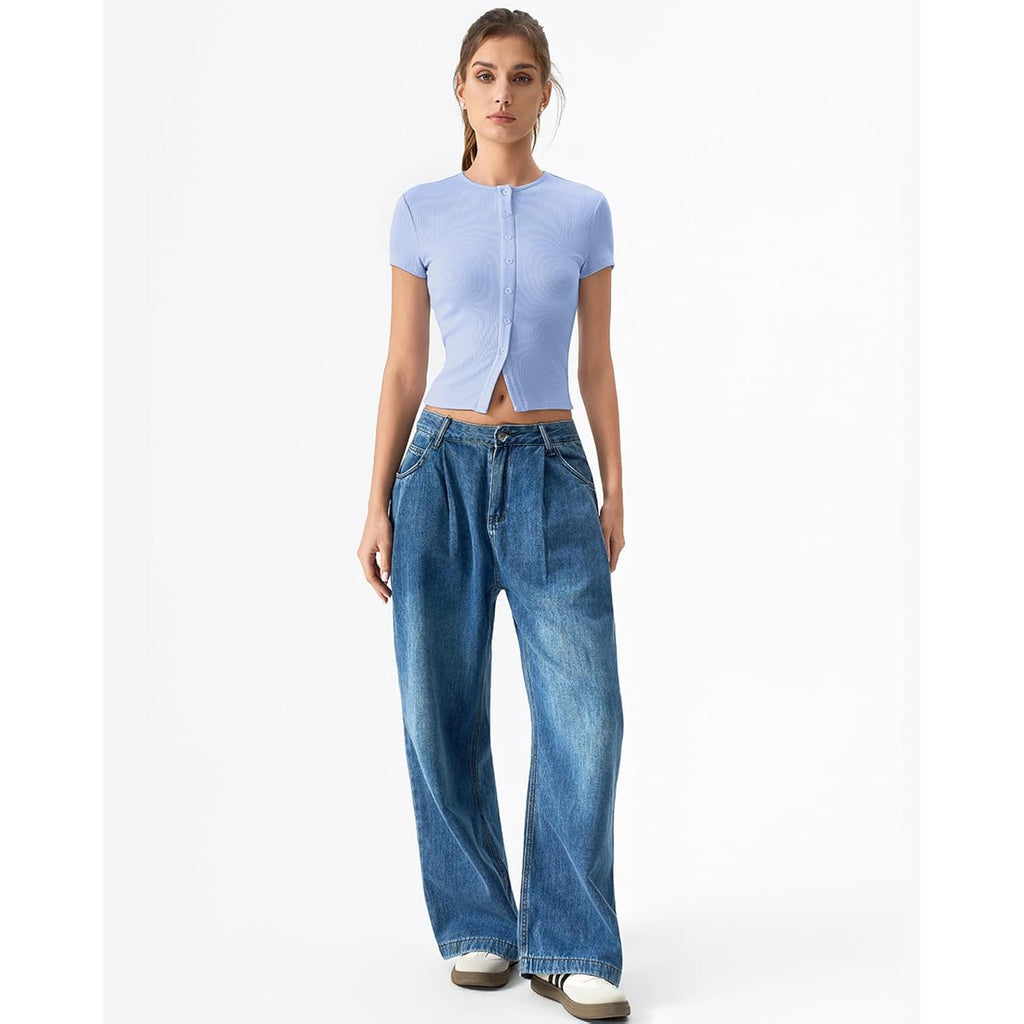 Qinsen Women'S Crewneck Short Sleeve T Shirts Ribbed Button Going Out Trendy Tops