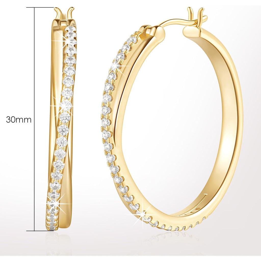 ELEBEST Hoop Earrings 14K Hoop Gold Earrings for Women Thick Large Diamond Hoops Earring Elegant X-shaped Gold Huggie Earring 30mm
