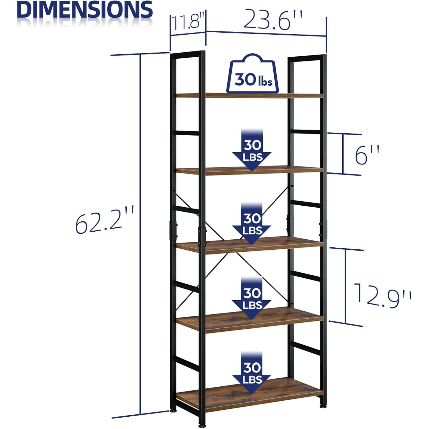 Numenn 5 Tier Bookshelf, Tall Bookcase Shelf Storage Organizer, Modern Book Shelf For Bedroom, Living Room And Home Office, Vintage