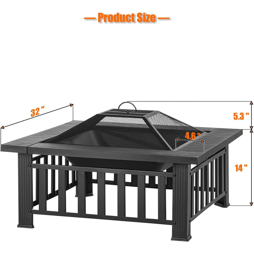 Econook 32 Inch Fire Pit, Square Outdoor Fire Pit Table With Spark Screen & Fire Poker, 3-In-1 Multipurpose Firepits For Outside, Fireplace For Yard, Garden, Patio