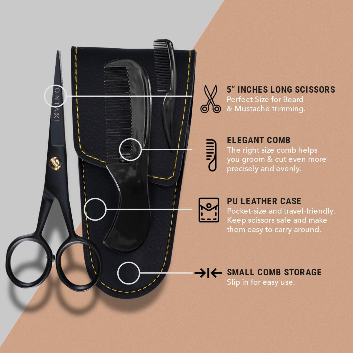 Ontaki Mustache Scissors - 5-Inch, Black - Bevel-Edge Precision & Beard Trimming Scissors - Complete Kit with Mustache Comb & Beard Comb