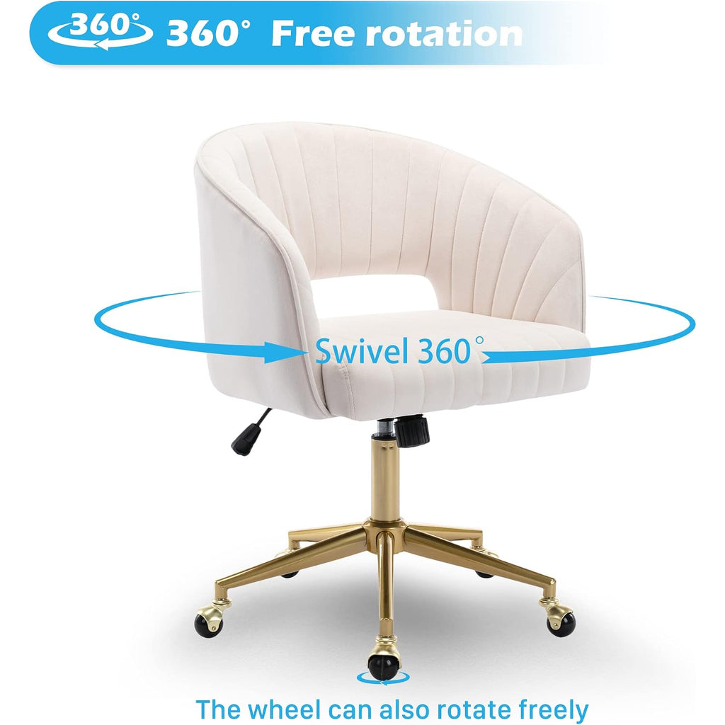 Home Office Chair Swivel Velvet Desk Chair Accent Armchair Upholstered Modern Tufted Chairs With Gold Base For Girls Women Ergonomic Study Seat Computer Task Stools For Living Room(Cream)