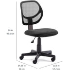 Amazon Basics Low Back Office Chair, Breathable Mesh, Height Adjustable, Padded Seat, Rolling Wheels, Swivel, Back Support, Sturdy, 21.25" D X 22.5" W X 38" H, Black