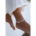 Tewiky Sterling Silver Plated Ankle Bracelets for Women,Dainty Layered Waterproof Anklet for Women Adjustable Sparkly Herringbone Beaded Rope Chain Set Stackable Cute Summer Beach Jewelry Gift