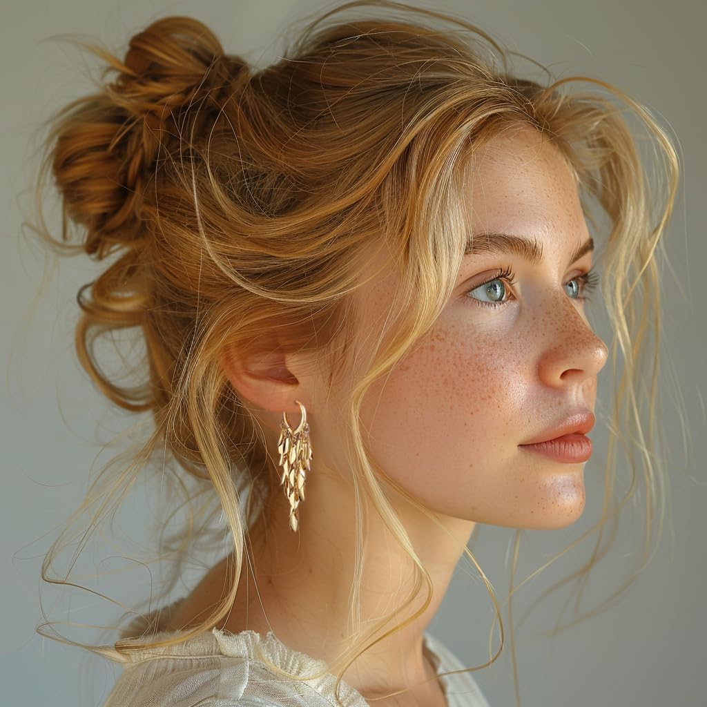 18K Gold Plated Leaf Hoop Earrings for Women, Long Tassel Dangle Drop Earrings, Chunky Gold Chandelier Earrings