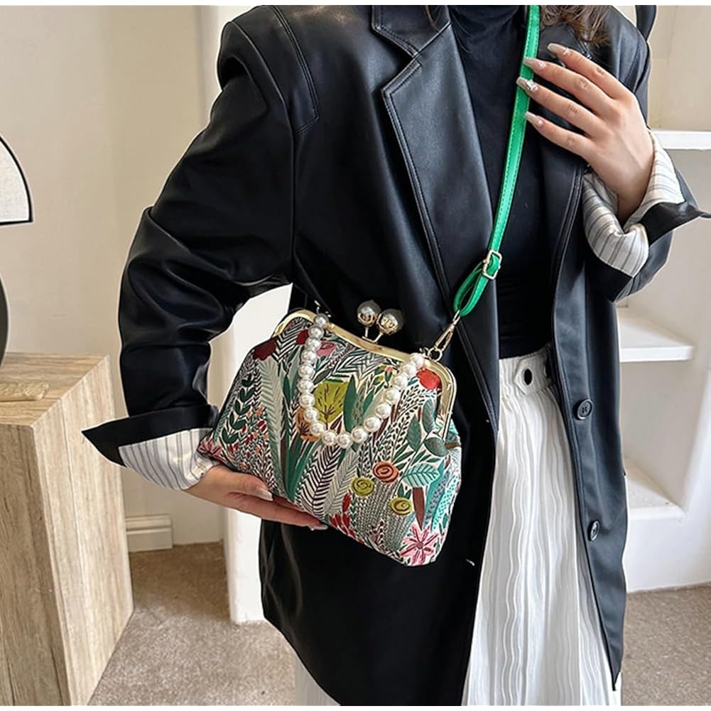 Vintage Embroidered Flower Handbag Retro Pearl Chain Crossbody Bag Clutch Kiss Lock Top Handle Shoulder Purse Wallet 2026