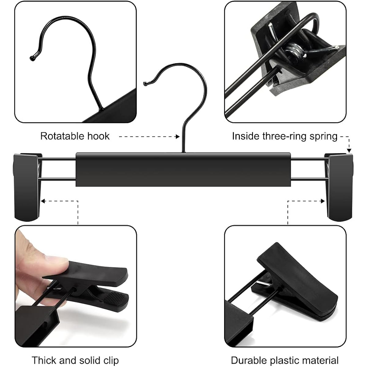 Guanjune 10 Pack Clothes Pants Hangers, Space-Saving Skirt Holders With 360 ° Swivel Hooks, Adjustable Clips, Trouser Coat Garment Jeans Black