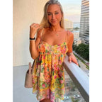 Summer Floral Boho Dresses For Women Spaghetti Straps Beach Dress Ruffle Sexy Mini Dress