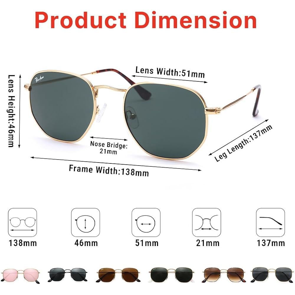 Pro Acme Small Square Sunglasses For Women Men 100% Real Glass Lens Hexagonal Frame