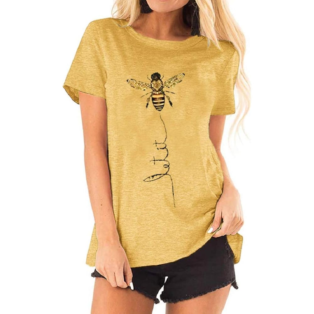 Womens Cute Bee Graphic Tee Shirts Short Sleeve Let It Bee Funny Letter Print Summer T-Shirt Tops Yellow