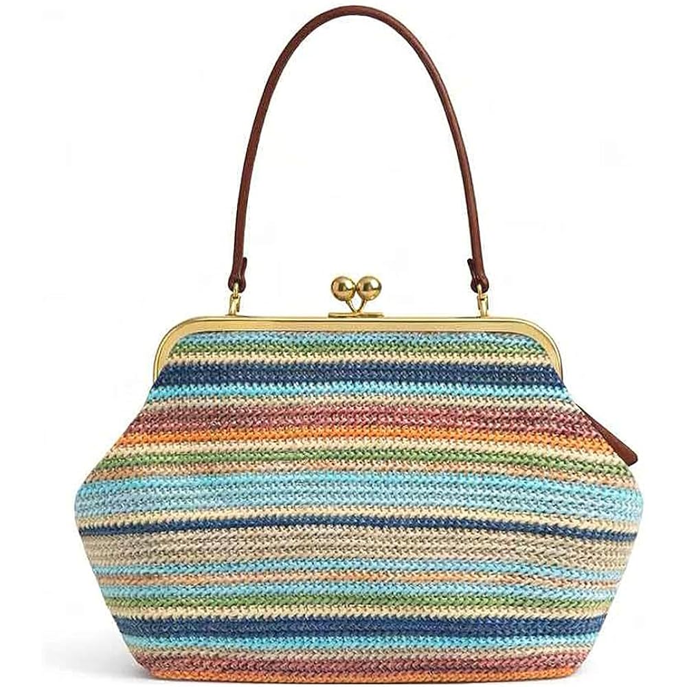 Kiss Lock Purses And Handbags Straw Purse Large Kisslock Bag Kiss-Lock Woven Bag Kiss Clasp Shoulder Handbag Summer Vacation