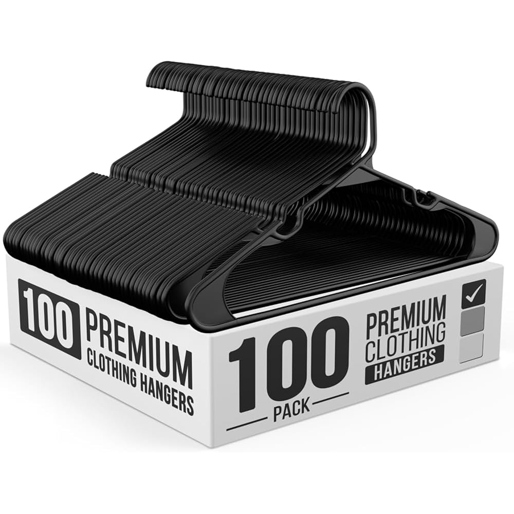 100 Pack Adult Plastic Hanger For Shirt Pants Coats Dresses Skirts Suits Jackets - Standard Thick Coat Hanger - Sturdy & Durable Design With Shoulder Grooves Hook - Black