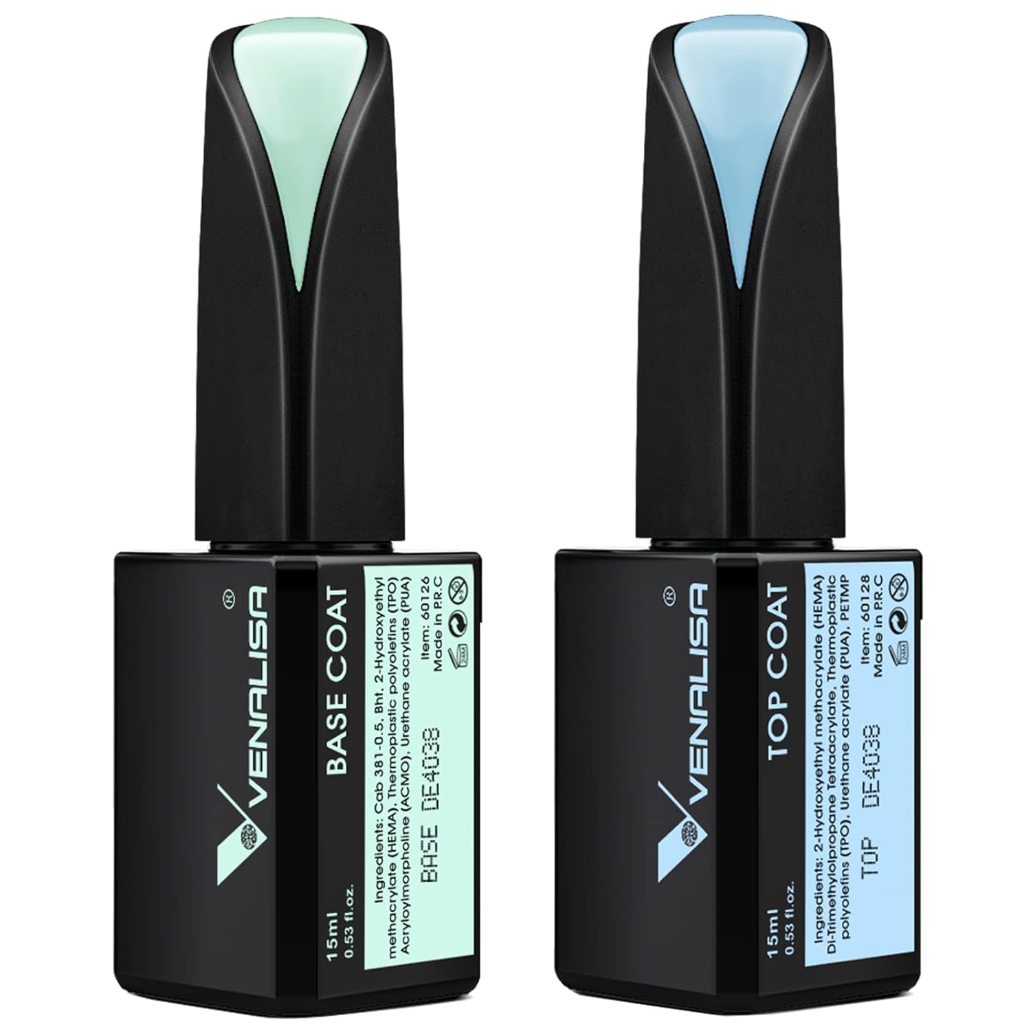 VENALISA 2 Pcs 15ml Gel Nail Ploish Base and Top Coat Set, No Wipe High Gloss Long Lasting Tempered Top Coat Polish Soak Off LED Gel Kit