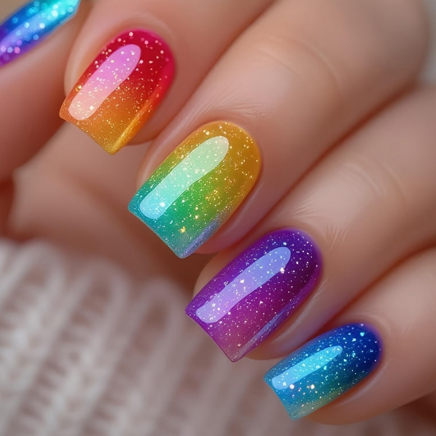 Rainbow Gradient Press on Nails Glossy Colorful Stick on Nail Full Cover Short Square Shape Fake Nails with White Dot Designs Acrylic False Nails for Women DIY Manicure Decorations 24 Pcs