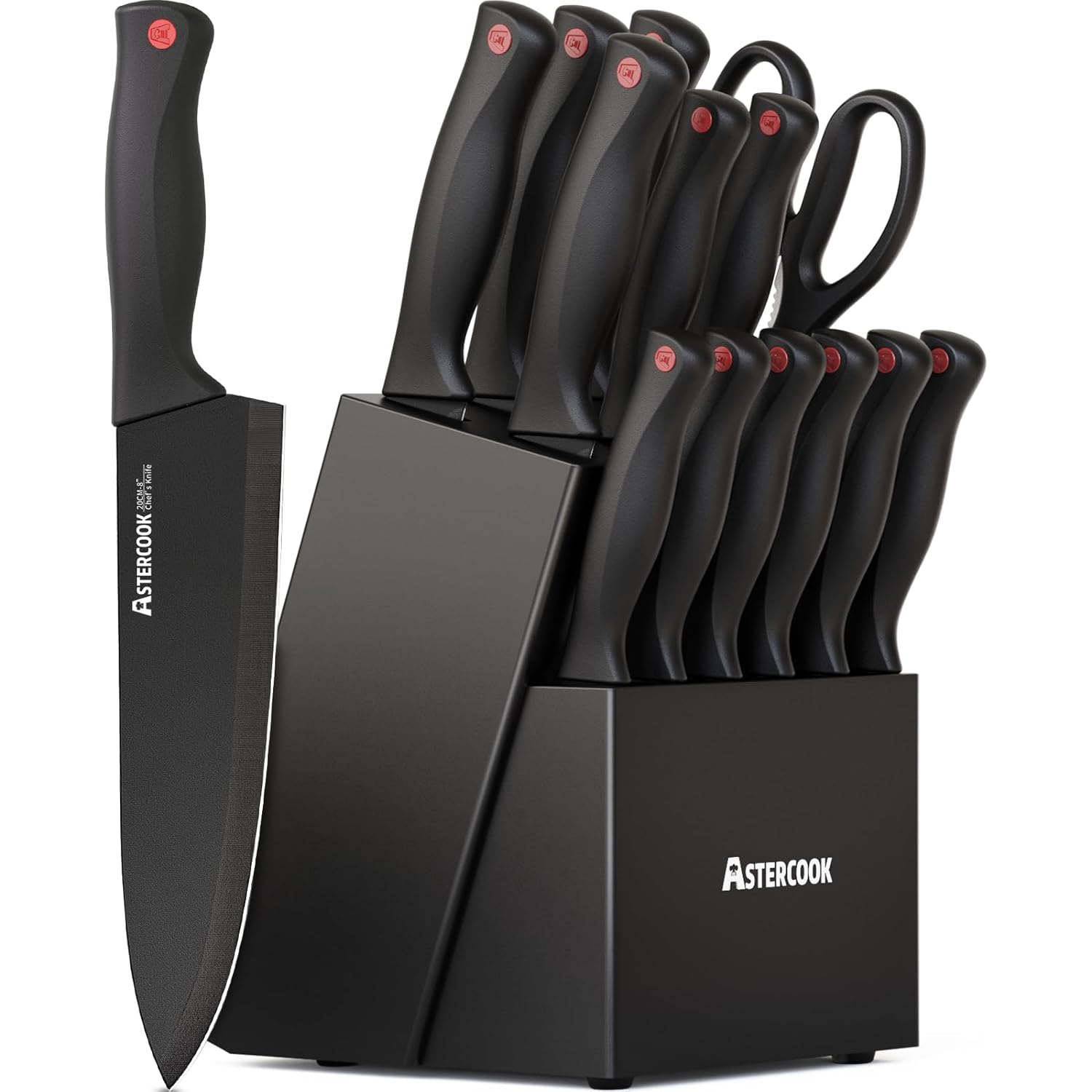 Knife Set, Astercook 15 Pieces Knife Sets for Kitchen with Block, Dishwasher Safe Kitchen Knife Set with Built in Sharpener Block, German Stainless Steel Kitchen Utensils Set