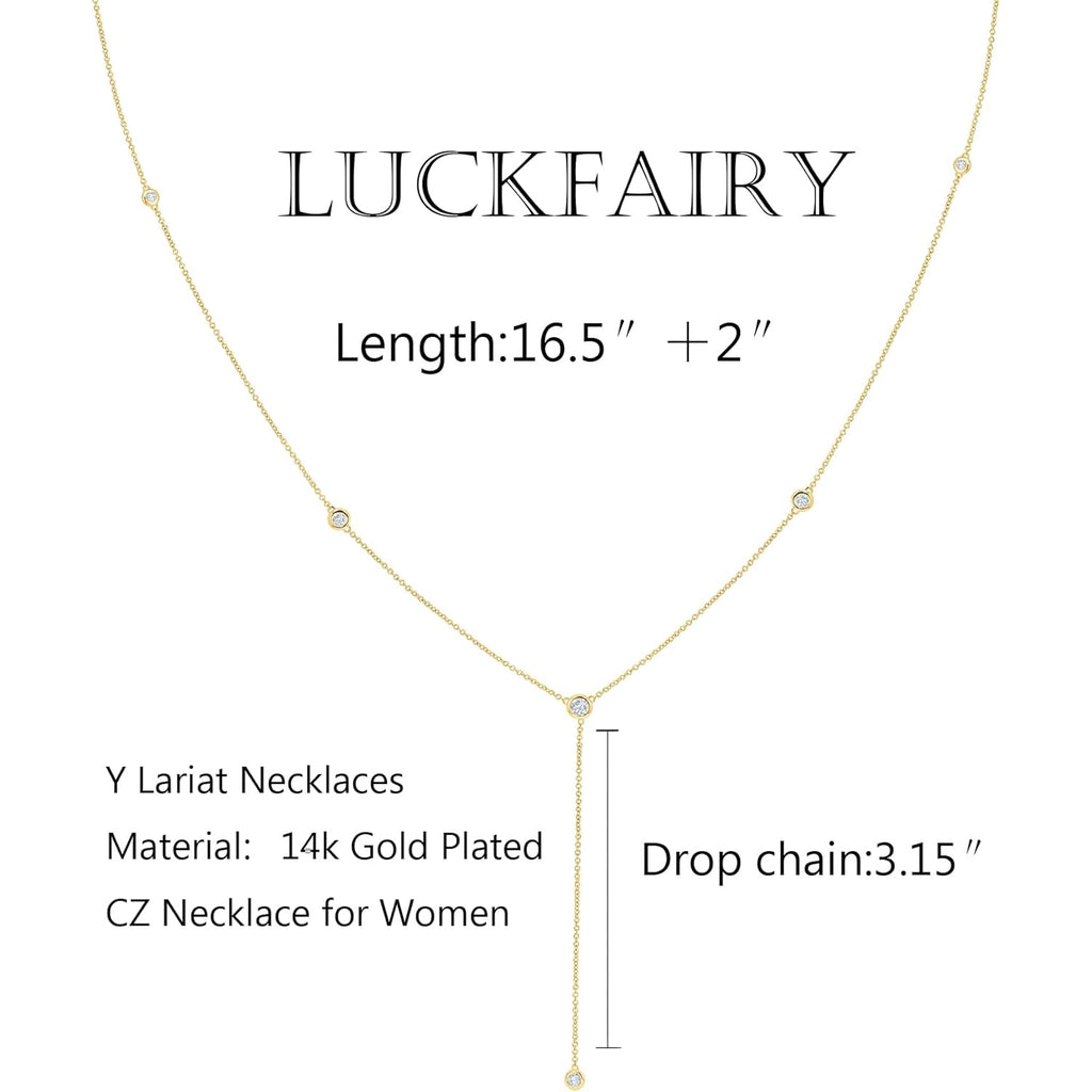 LuckFairy Lariat Necklace for Women，Dainty Gold Long Necklaces 14k Gold Plated CZ Lips Bead Y-Shaped Drop Chain Necklace Simple Gold Layered Necklaces for Women Trendy Gold Jewelry Gifts for Women