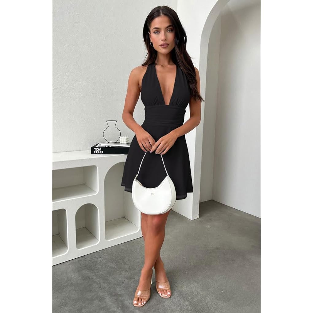 Women's Halter Deep V Neck Flowy Chiffon Bow Tie Backless Summer Mini Dress