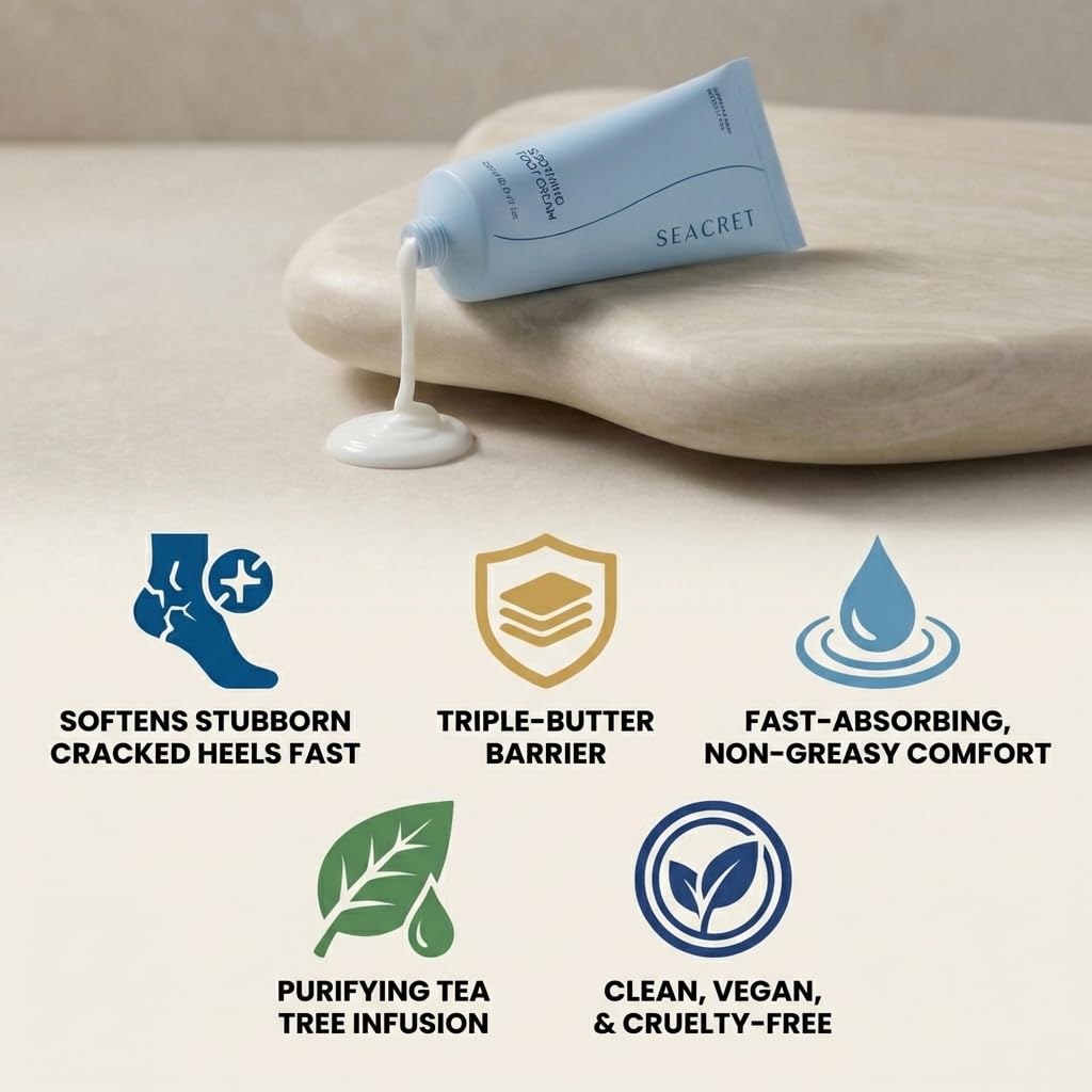 SEACRET Dead Sea Foot Cream - Deep Moisture Heel Repair with Tea Tree Oil, Shea & Cocoa Butter, Rapid Absorption Formula for Dry, Cracked & Rough Skin, Hypoallergenic, Paraben-Free & Vegan, 3.4 fl oz