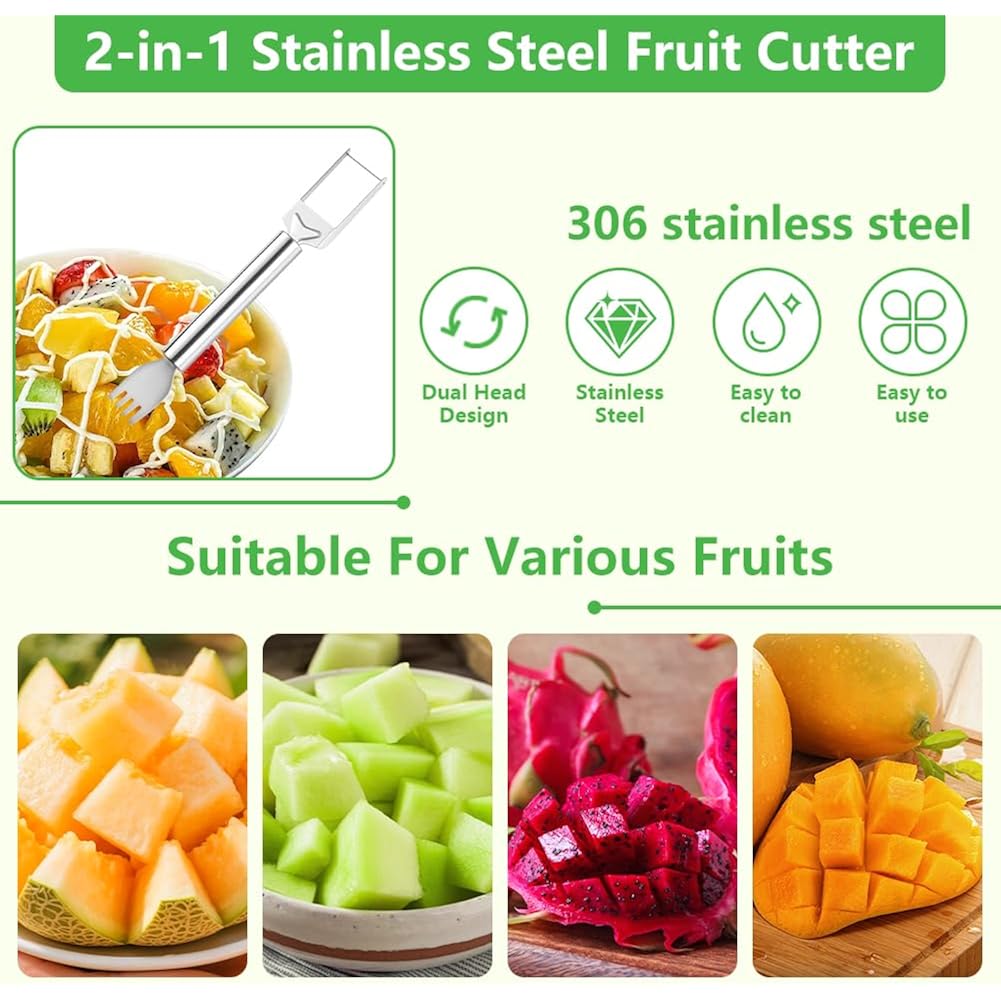 2-in-1 Stainless Steel Fruit Cutter, Watermelon Slicer with Fork, Dual Head Watermelon Fork Slicer Tool for Cubes, Fruit Knife with Round Handle for Home Kitchen, Picnic & Party (1Pack)