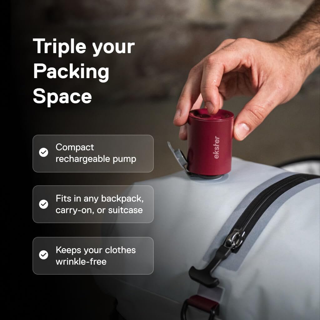 Ekster Travel Pack Vacuum Kit - Travel Vacuum Bags With Pump - Odor & Waterproof Anti-Rip Nylon Compression Bags - Space Saver Vacuum Storage Bags - Wireless Vacuum Pump For 15+ Items - 4Pack