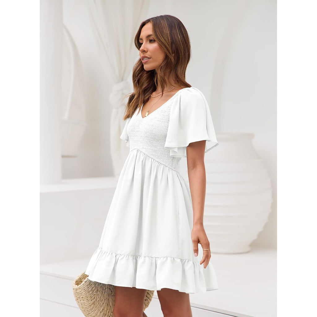 Lillusory Women'S Flowy Casual Mini Dresses 2026 Summer Graduation Smocked V Neck Vacation Dress Dress With Pockets