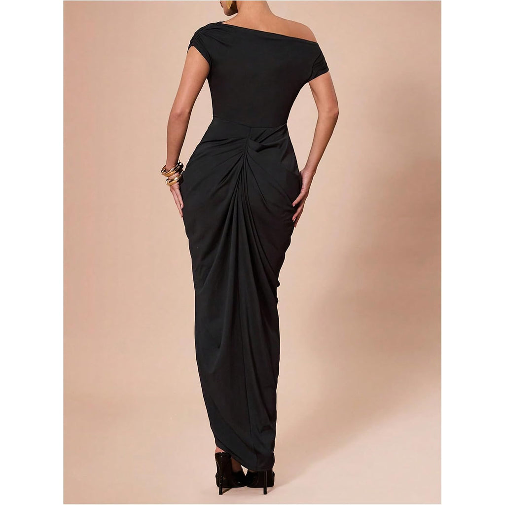 Floerns Women'S Elegant Long Dress Asymmetrical Off Shoulder Ruched Slit Bodycon Cocktail Dresses
