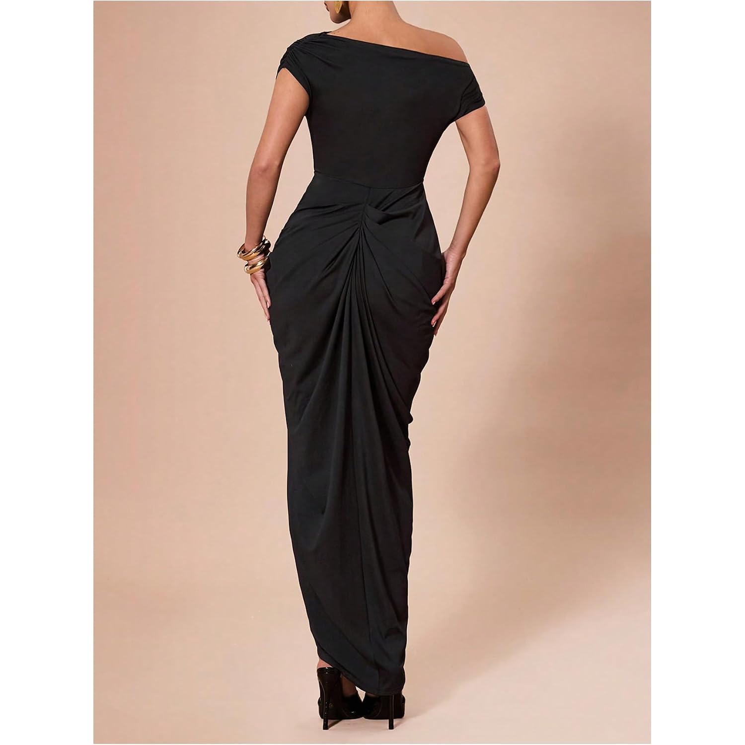 Floerns Women'S Elegant Long Dress Asymmetrical Off Shoulder Ruched Slit Bodycon Cocktail Dresses