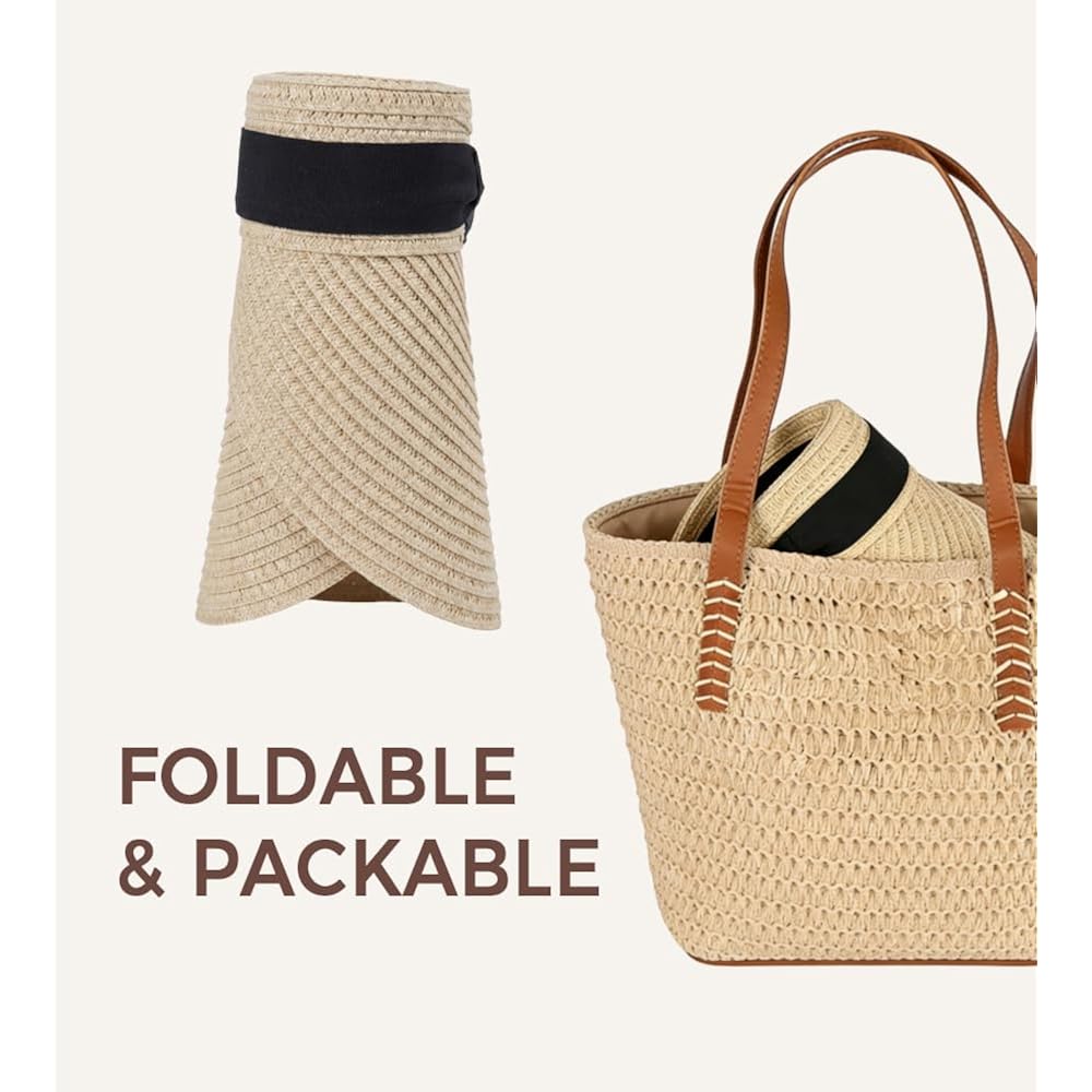 Sun Visor Hat for Women Summer Travel Vacation Foldable Wide Brim Straw Ponytail Beach Hat Outdoor UV Protection Cap Beige