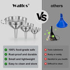Stainless Steel Funnel, Walfos 3 Pack Kitchen Funnel With 2 Removable Strainer ＆ 1Pcs Cleaning Brush, Perfect For Transferring Of Liquid, Oils, Jam, Dry Ingredients & Powder