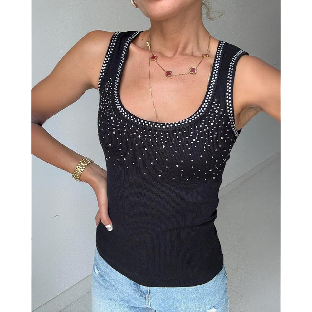 Womens Sleeveless U Neck Tank Top Rhinestone Ribbed Fitted Shirts Cute Summer Going Out Clothes 2026