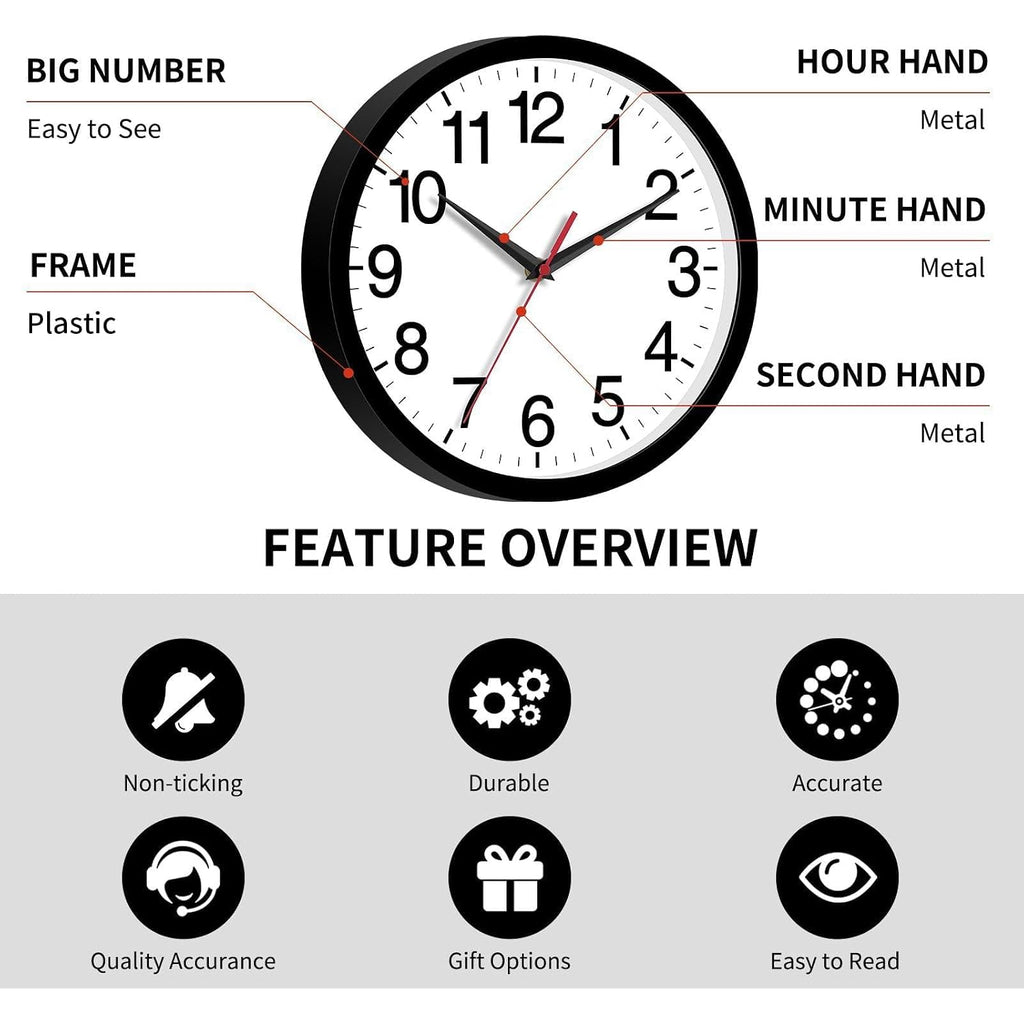 14 Inch Wall Clock Modern Battery Operated Silent Non Ticking Large Analog Clock For Living Room Office Home Bedroom Kitchen Bathroom(Black)