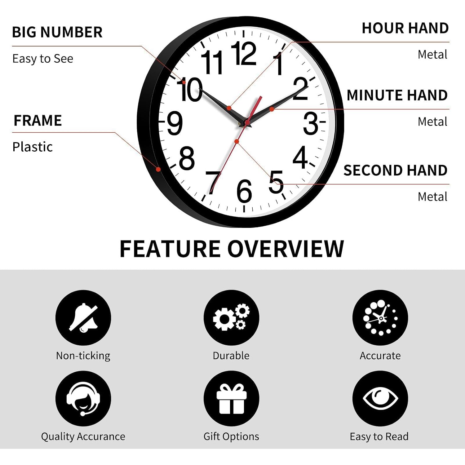 14 Inch Wall Clock Modern Battery Operated Silent Non Ticking Large Analog Clock For Living Room Office Home Bedroom Kitchen Bathroom(Black)
