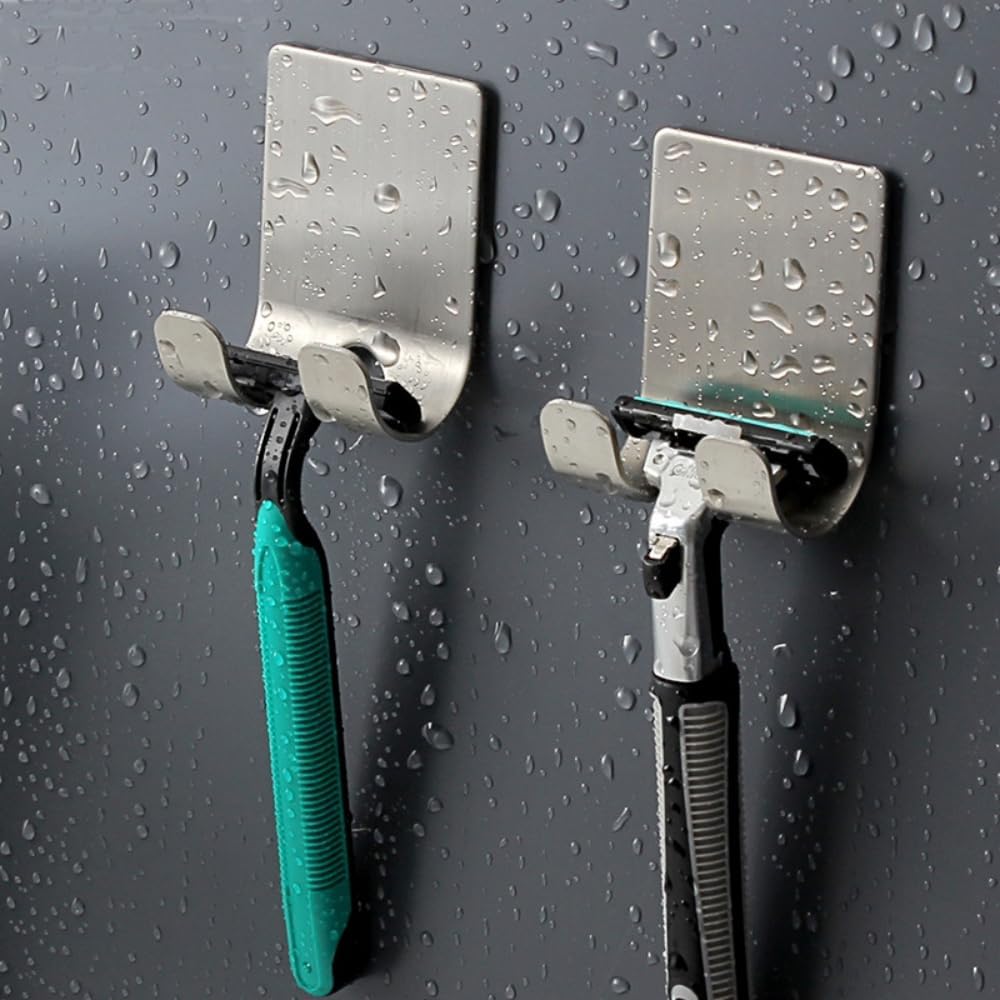 No-Drill Stainless Steel Razor Holder Adhesive Wall-Mounted Shaving Organizer Plug Hook and Storage Rack for Bathroom and Kitchen Silver 2pcs